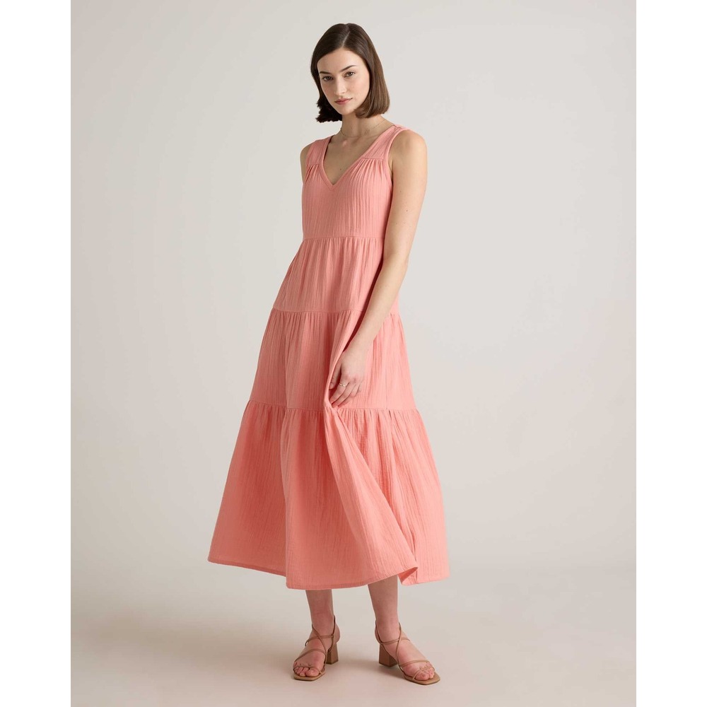 Quince Organic Cotton Gauze Tiered Maxi Dress Coral Pink Small V-Neck Sleeveless
